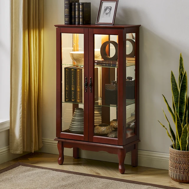 Alt view image 7 of 7 - Curio Cabinet Lighted Curio Diapaly Cabinet with Adjustable Shelves and Mirrored Back Panel, Tempered Glass Doors (Cherry, 3 Tier), (E26 light bulb not included)