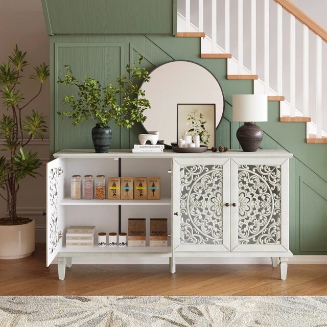 Alt view image 2 of 7 - 60" Antique Buffet Cabinet with Floral Carvings with Solid Wood Legs&Antique Brass Handles&Adjustable Shelves, TV Stand for 65''+ TV, Sideboard for Living Room,Dining Room (Antique Grey White)