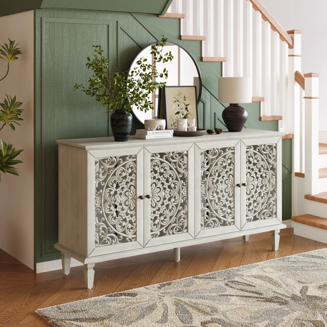 Alt view image 3 of 7 - 60" Antique Buffet Cabinet with Floral Carvings with Solid Wood Legs&Antique Brass Handles&Adjustable Shelves, TV Stand for 65''+ TV, Sideboard for Living Room,Dining Room (Antique Grey White)