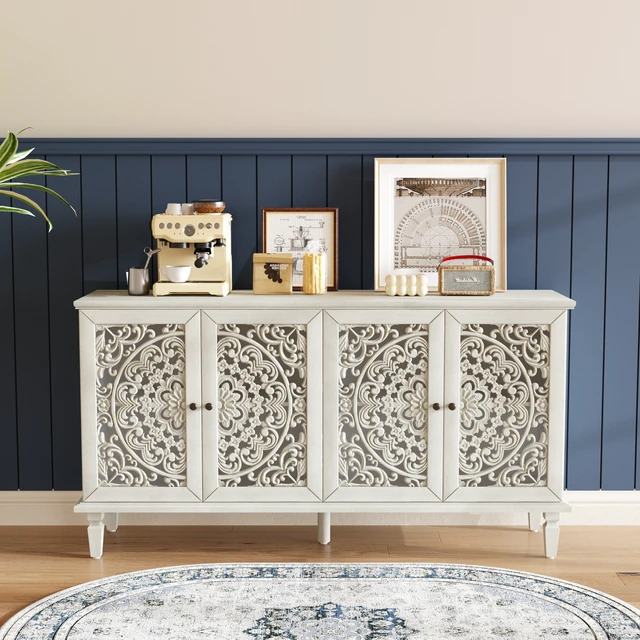 Alt view image 4 of 7 - 60" Antique Buffet Cabinet with Floral Carvings with Solid Wood Legs&Antique Brass Handles&Adjustable Shelves, TV Stand for 65''+ TV, Sideboard for Living Room,Dining Room (Antique Grey White)