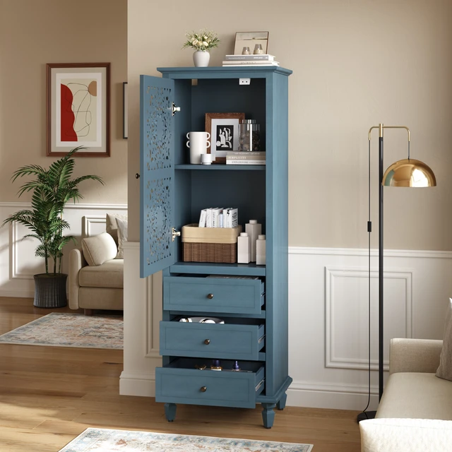 Alt view image 3 of 7 - 63" Tall Farmhouse Vintage Decorative Cabinet with Carved Door & 3 Drawers, Freestanding Tall Side Cabinet with Interior Storage, Retro Display Cabinet for Living Room Entryway Dining Room, Blue