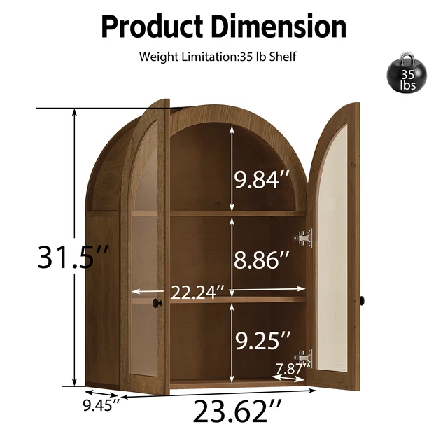 Alt view image 7 of 7 - Arched Wall Mounted Cabinet, Wood Veneer Wall Storage Cabinet with Tempered Glass Doors, Easy Hanging Hardware Included, Decorative Floating Wall Cabinet for Bathroom Living Room, Walnut Brown
