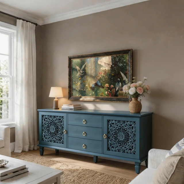 Alt view image 2 of 7 - Farmhouse TV Stand with Hollow Carved Doors, Vintage Sideboard Buffet Storage Cabinet with 3 Drawers & Adjustable Shelves, Retro Freestanding Console Table for Living Room Dining Room Entryway ,Blue
