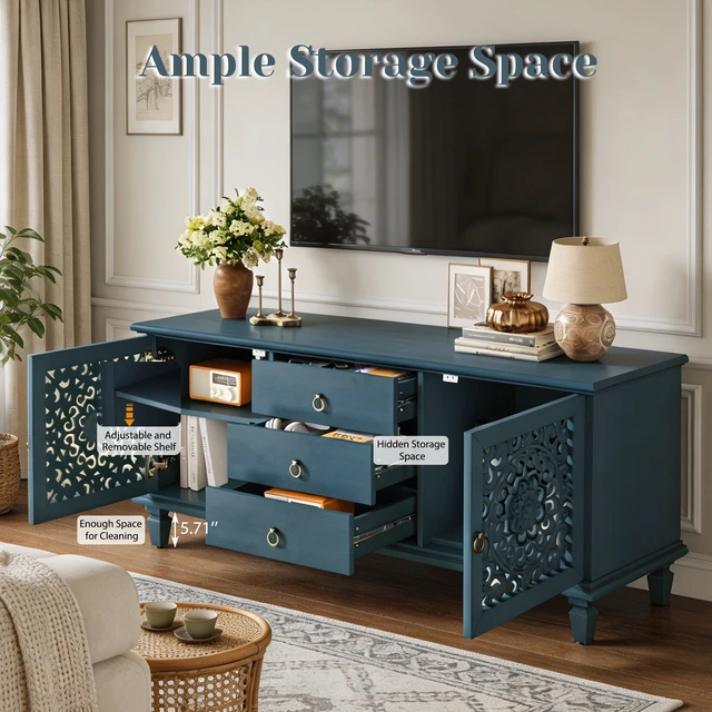 Alt view image 7 of 7 - Farmhouse TV Stand with Hollow Carved Doors, Vintage Sideboard Buffet Storage Cabinet with 3 Drawers & Adjustable Shelves, Retro Freestanding Console Table for Living Room Dining Room Entryway ,Blue