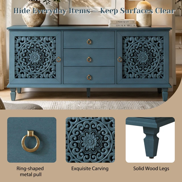 Alt view image 6 of 7 - Farmhouse TV Stand with Hollow Carved Doors, Vintage Sideboard Buffet Storage Cabinet with 3 Drawers & Adjustable Shelves, Retro Freestanding Console Table for Living Room Dining Room Entryway ,Blue