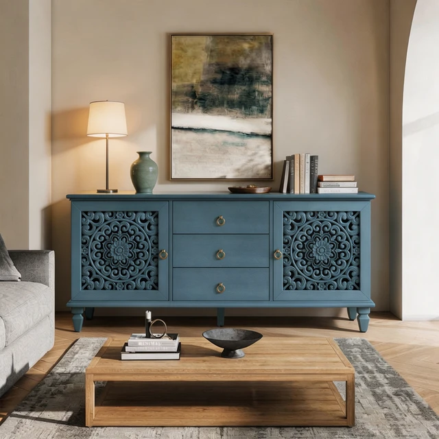 Alt view image 3 of 7 - Farmhouse TV Stand with Hollow Carved Doors, Vintage Sideboard Buffet Storage Cabinet with 3 Drawers & Adjustable Shelves, Retro Freestanding Console Table for Living Room Dining Room Entryway ,Blue