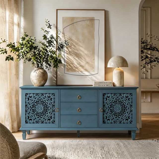 Alt view image 4 of 7 - Farmhouse TV Stand with Hollow Carved Doors, Vintage Sideboard Buffet Storage Cabinet with 3 Drawers & Adjustable Shelves, Retro Freestanding Console Table for Living Room Dining Room Entryway ,Blue