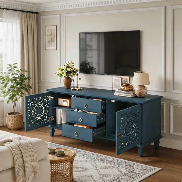 Alt view image 5 of 7 - Farmhouse TV Stand with Hollow Carved Doors, Vintage Sideboard Buffet Storage Cabinet with 3 Drawers & Adjustable Shelves, Retro Freestanding Console Table for Living Room Dining Room Entryway ,Blue
