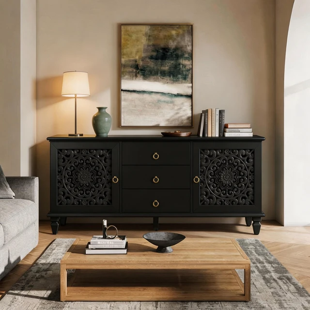 Main image of Farmhouse TV Stand with Hollow Carved Doors, Vintage Sideboard Buffet Storage Cabinet with 3 Drawers & Adjustable Shelves, Retro Freestanding Console Table for Living Room Dining Room Entryway, Black