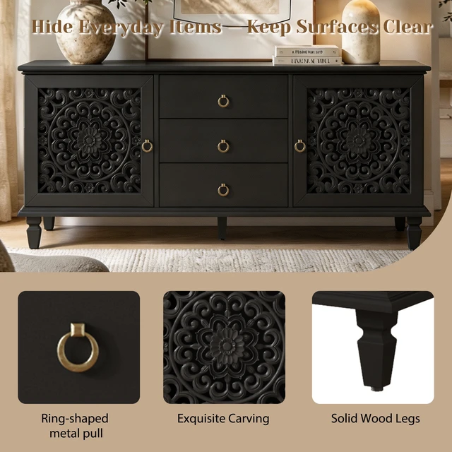 Alt view image 4 of 7 - Farmhouse TV Stand with Hollow Carved Doors, Vintage Sideboard Buffet Storage Cabinet with 3 Drawers & Adjustable Shelves, Retro Freestanding Console Table for Living Room Dining Room Entryway, Black