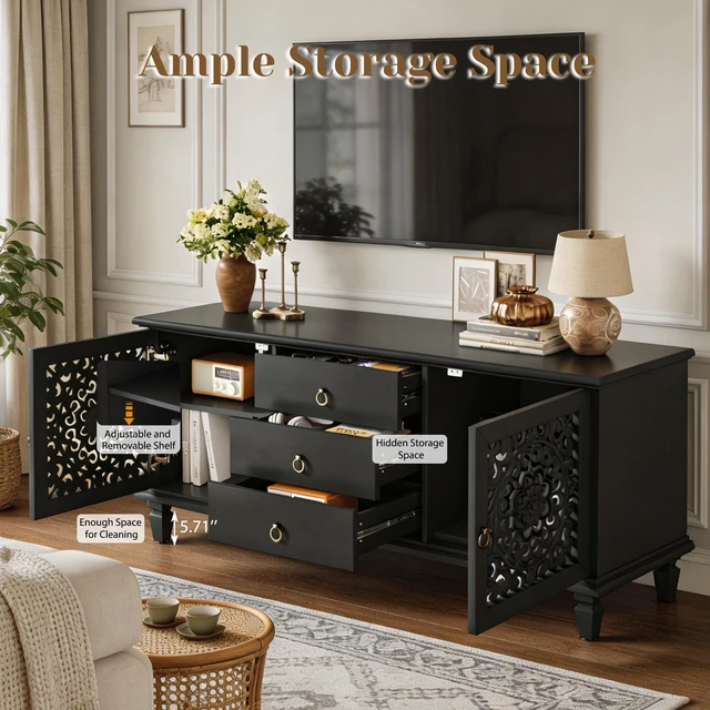 Alt view image 7 of 7 - Farmhouse TV Stand with Hollow Carved Doors, Vintage Sideboard Buffet Storage Cabinet with 3 Drawers & Adjustable Shelves, Retro Freestanding Console Table for Living Room Dining Room Entryway, Black