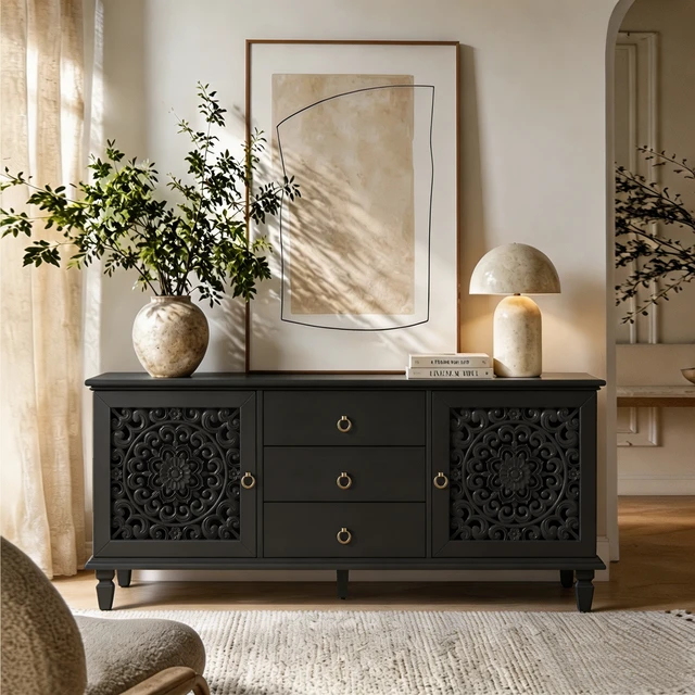 Alt view image 5 of 7 - Farmhouse TV Stand with Hollow Carved Doors, Vintage Sideboard Buffet Storage Cabinet with 3 Drawers & Adjustable Shelves, Retro Freestanding Console Table for Living Room Dining Room Entryway, Black