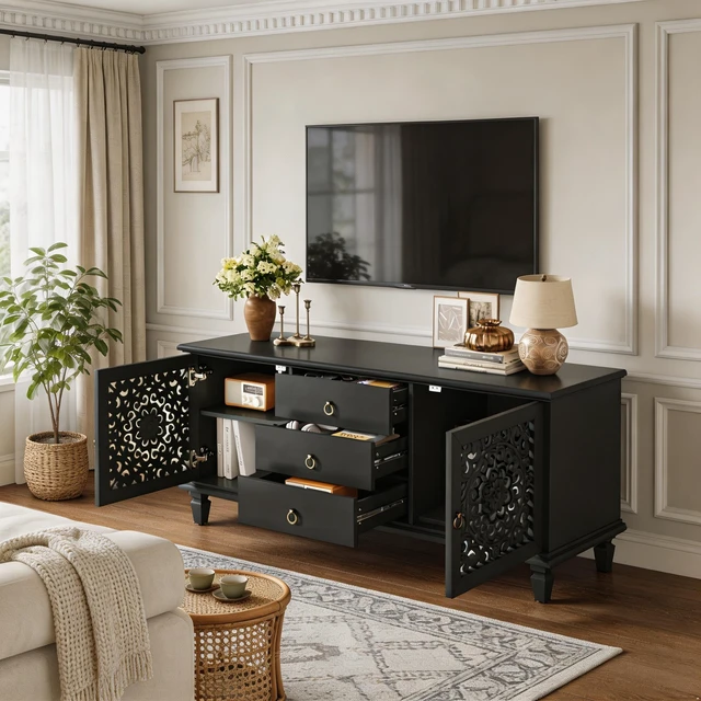 Alt view image 6 of 7 - Farmhouse TV Stand with Hollow Carved Doors, Vintage Sideboard Buffet Storage Cabinet with 3 Drawers & Adjustable Shelves, Retro Freestanding Console Table for Living Room Dining Room Entryway, Black
