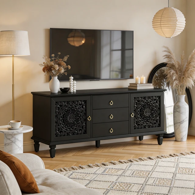 Alt view image 3 of 7 - Farmhouse TV Stand with Hollow Carved Doors, Vintage Sideboard Buffet Storage Cabinet with 3 Drawers & Adjustable Shelves, Retro Freestanding Console Table for Living Room Dining Room Entryway, Black