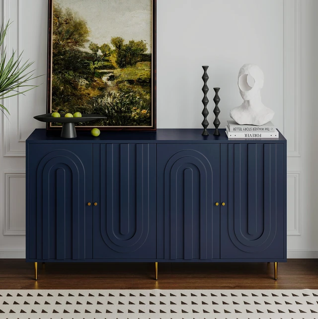 Main image of Modern Blue Lacquered 4 Door Wooden Cabinet Sideboard Buffet Server Cabinet Storage Cabinet, for Living Room, Entryway, Hallway, Office, Kitchen and Dining Room