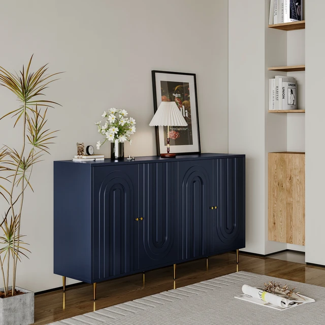 Alt view image 2 of 7 - Modern Blue Lacquered 4 Door Wooden Cabinet Sideboard Buffet Server Cabinet Storage Cabinet, for Living Room, Entryway, Hallway, Office, Kitchen and Dining Room