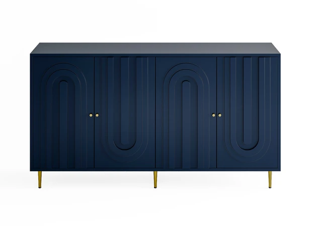 Alt view image 5 of 7 - Modern Blue Lacquered 4 Door Wooden Cabinet Sideboard Buffet Server Cabinet Storage Cabinet, for Living Room, Entryway, Hallway, Office, Kitchen and Dining Room