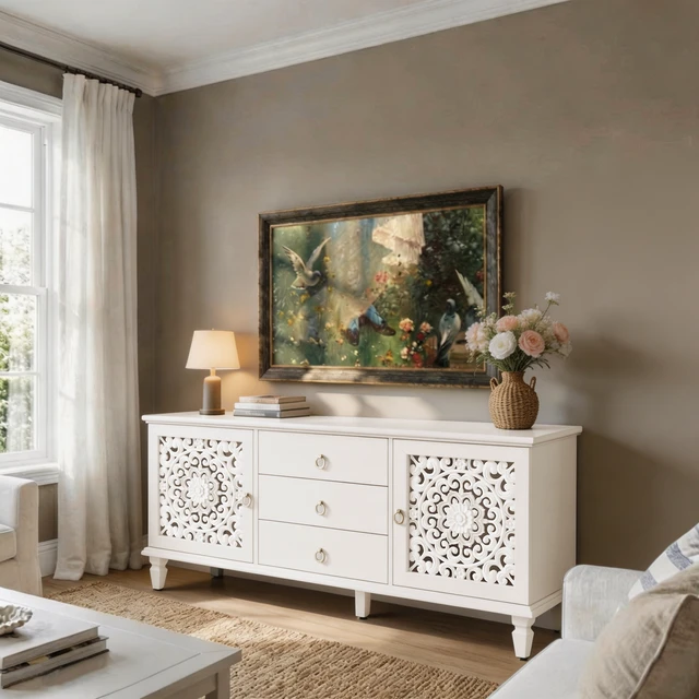 Alt view image 2 of 7 - Farmhouse TV Stand with Hollow Carved Doors, Vintage Sideboard Buffet Storage Cabinet with 3 Drawers & Adjustable Shelves, Retro Freestanding Console Table for Living Room Dining Room Entryway ,White