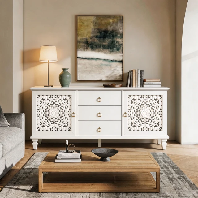 Alt view image 3 of 7 - Farmhouse TV Stand with Hollow Carved Doors, Vintage Sideboard Buffet Storage Cabinet with 3 Drawers & Adjustable Shelves, Retro Freestanding Console Table for Living Room Dining Room Entryway ,White