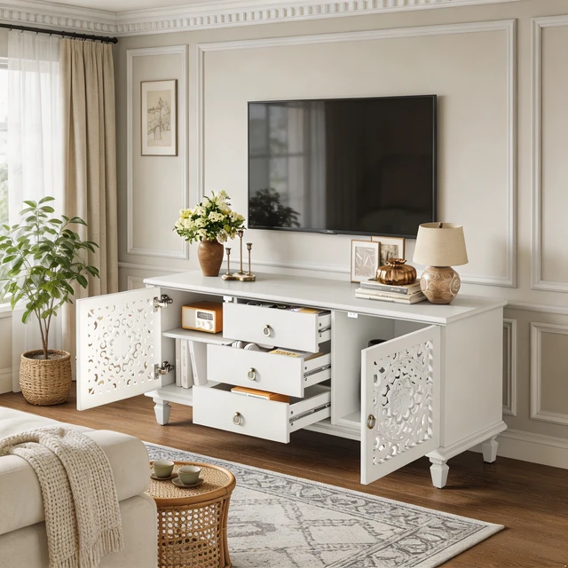 Alt view image 4 of 7 - Farmhouse TV Stand with Hollow Carved Doors, Vintage Sideboard Buffet Storage Cabinet with 3 Drawers & Adjustable Shelves, Retro Freestanding Console Table for Living Room Dining Room Entryway ,White