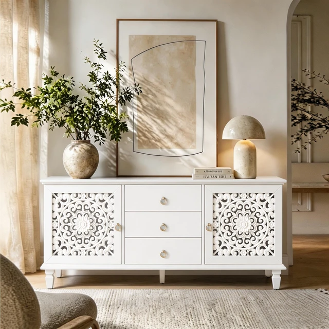Main image of Farmhouse TV Stand with Hollow Carved Doors, Vintage Sideboard Buffet Storage Cabinet with 3 Drawers & Adjustable Shelves, Retro Freestanding Console Table for Living Room Dining Room Entryway ,White