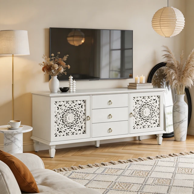 Alt view image 5 of 7 - Farmhouse TV Stand with Hollow Carved Doors, Vintage Sideboard Buffet Storage Cabinet with 3 Drawers & Adjustable Shelves, Retro Freestanding Console Table for Living Room Dining Room Entryway ,White