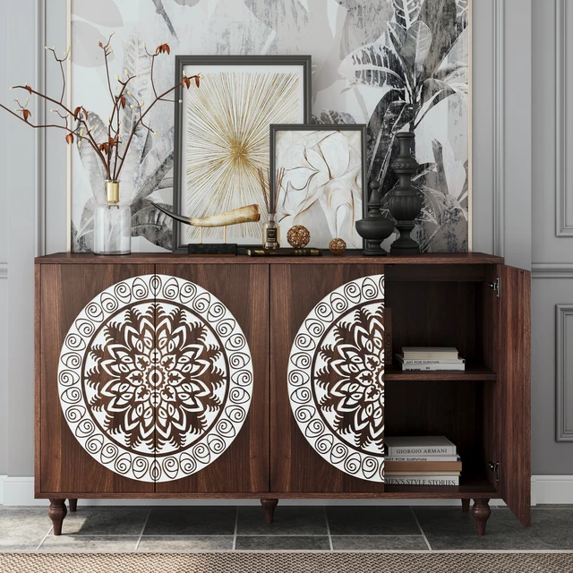 Alt view image 2 of 7 - 60" Vintage Mandala Carved Walnut Grain Sideboard, 4 Door Boho Buffet Cabinet, Mid-Century Elevated Legs Storage Credenza for Entryway, Dining Room, Living Room