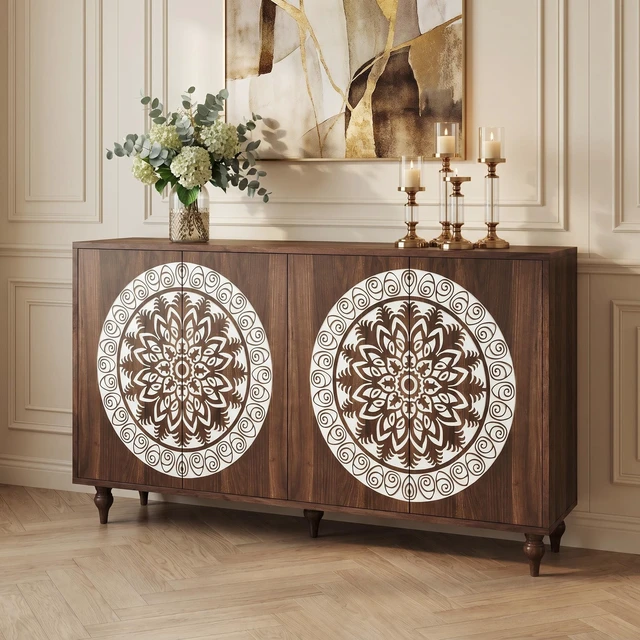 Alt view image 6 of 7 - 60" Vintage Mandala Carved Walnut Grain Sideboard, 4 Door Boho Buffet Cabinet, Mid-Century Elevated Legs Storage Credenza for Entryway, Dining Room, Living Room