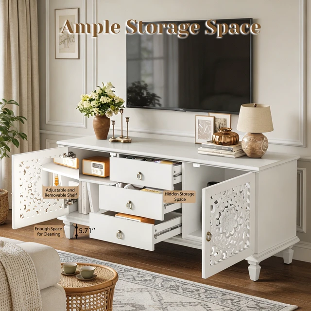 Alt view image 6 of 7 - Farmhouse TV Stand with Hollow Carved Doors, Vintage Sideboard Buffet Storage Cabinet with 3 Drawers & Adjustable Shelves, Retro Freestanding Console Table for Living Room Dining Room Entryway ,White