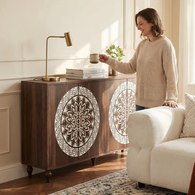 Alt view image 7 of 7 - 60" Vintage Mandala Carved Walnut Grain Sideboard, 4 Door Boho Buffet Cabinet, Mid-Century Elevated Legs Storage Credenza for Entryway, Dining Room, Living Room