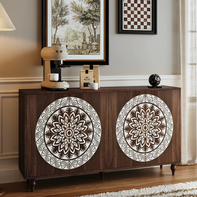 Alt view image 3 of 7 - 60" Vintage Mandala Carved Walnut Grain Sideboard, 4 Door Boho Buffet Cabinet, Mid-Century Elevated Legs Storage Credenza for Entryway, Dining Room, Living Room