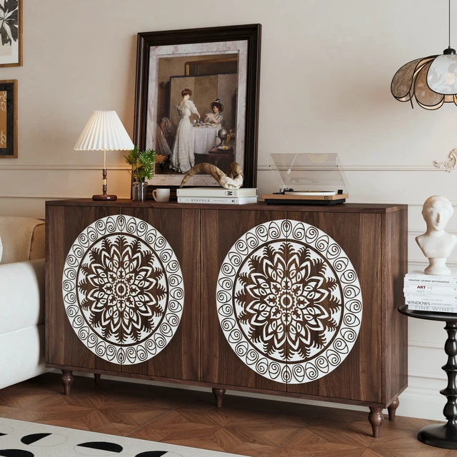 Alt view image 4 of 7 - 60" Vintage Mandala Carved Walnut Grain Sideboard, 4 Door Boho Buffet Cabinet, Mid-Century Elevated Legs Storage Credenza for Entryway, Dining Room, Living Room
