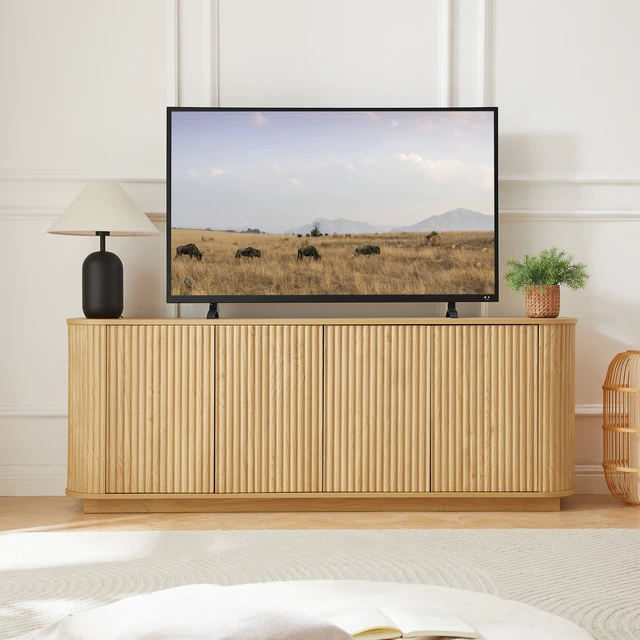 Alt view image 2 of 6 - Sideboard Storage Cabinet TV Stand with wave pattern Buffet Cabinet Wooden Vertical Striped Cabinet for Kitchen/Bedroom/Entryway. Natural, 64''W x 15''D x 24''H.