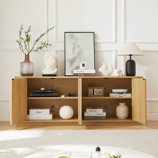 Alt view image 3 of 6 - Sideboard Storage Cabinet TV Stand with wave pattern Buffet Cabinet Wooden Vertical Striped Cabinet for Kitchen/Bedroom/Entryway. Natural, 64''W x 15''D x 24''H.