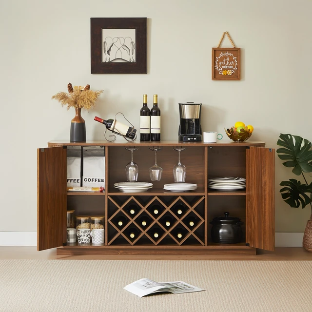 Main image of 58" Modern Wavy Curve Sideboard-Multifunctional storage cabinet with wine rack and glassware holder, adjustable shelves for wine storage and coffee bar, suitable for kitchens and dining rooms.Walnut