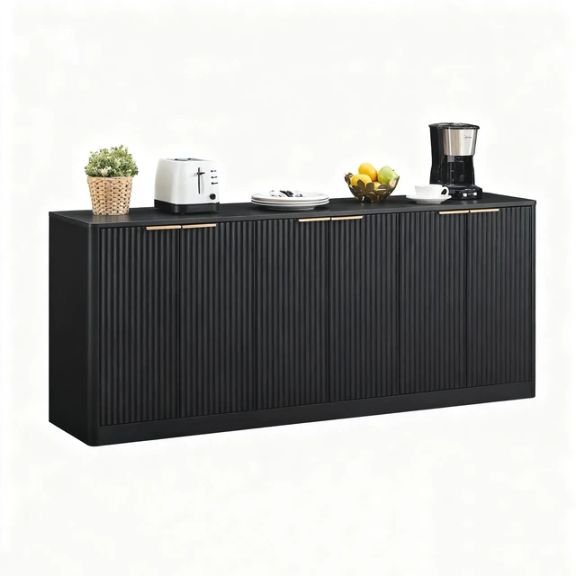 Main image of 67-inch modern wavy sideboard, curved contour design storage cabinet, 6-door cabinet with storage function, suitable for kitchen / bedroom / living room, Black, 67.0"L x 15.7"W x 27.7"H