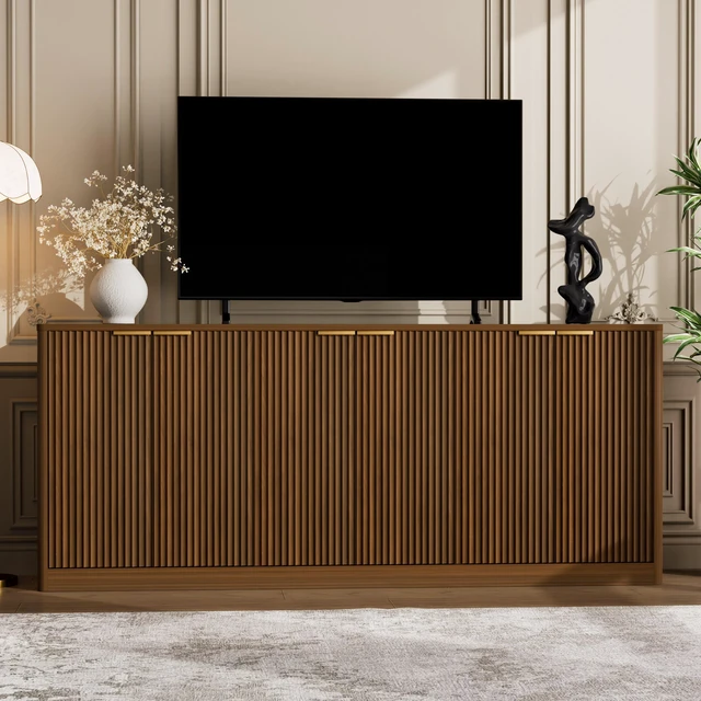Main image of 67-inch modern wavy sideboard, curved contour design storage cabinet, 6-door cabinet with storage function, suitable for kitchen / bedroom / living room, Walnut, 67.0"L x 15.7"W x 27.7"H