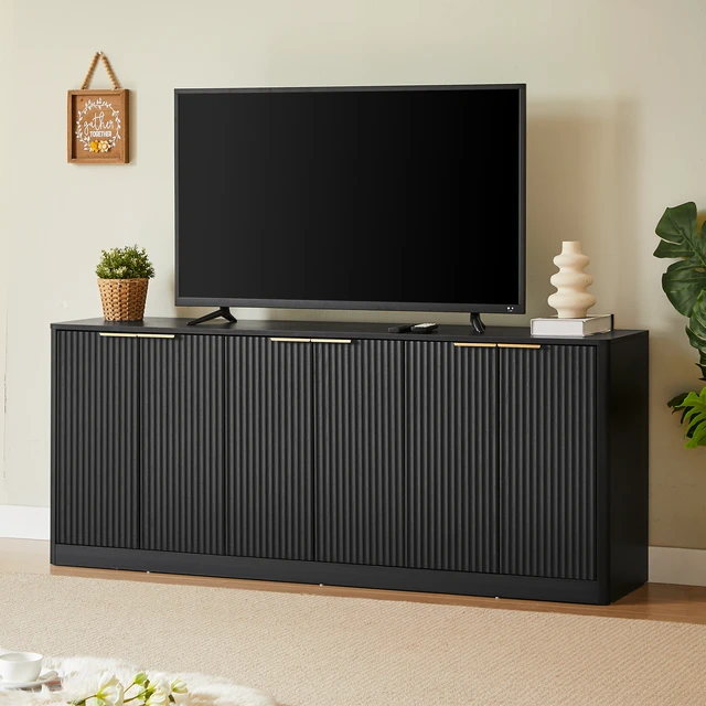Alt view image 2 of 5 - 67-inch modern wavy sideboard, curved contour design storage cabinet, 6-door cabinet with storage function, suitable for kitchen / bedroom / living room, Black, 67.0"L x 15.7"W x 27.7"H