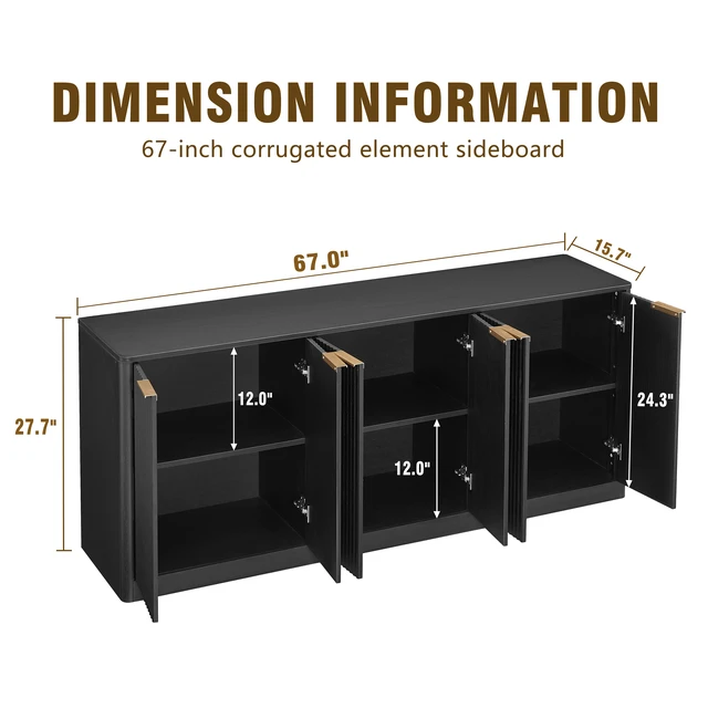 Alt view image 5 of 5 - 67-inch modern wavy sideboard, curved contour design storage cabinet, 6-door cabinet with storage function, suitable for kitchen / bedroom / living room, Black, 67.0"L x 15.7"W x 27.7"H