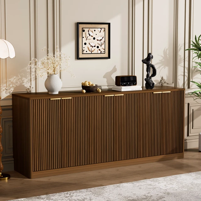 Alt view image 2 of 7 - 67-inch modern wavy sideboard, curved contour design storage cabinet, 6-door cabinet with storage function, suitable for kitchen / bedroom / living room, Walnut, 67.0"L x 15.7"W x 27.7"H