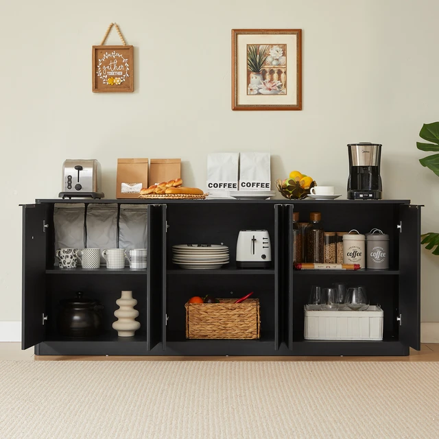 Alt view image 3 of 5 - 67-inch modern wavy sideboard, curved contour design storage cabinet, 6-door cabinet with storage function, suitable for kitchen / bedroom / living room, Black, 67.0"L x 15.7"W x 27.7"H