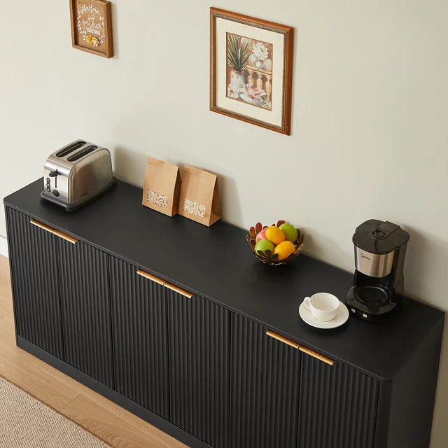 Alt view image 4 of 5 - 67-inch modern wavy sideboard, curved contour design storage cabinet, 6-door cabinet with storage function, suitable for kitchen / bedroom / living room, Black, 67.0"L x 15.7"W x 27.7"H