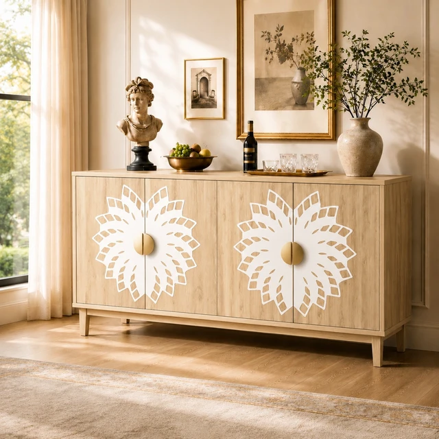 Alt view image 3 of 7 - 63"Sideboard/Dining Room Cabinet,Vintage-Style Decorative Storage Cabinet with Carved Doors,a Multifunctional Sideboard Ideal for Storage in Entryways,Living Rooms and Dining Rooms,63"L*15.7"W*32.7"H