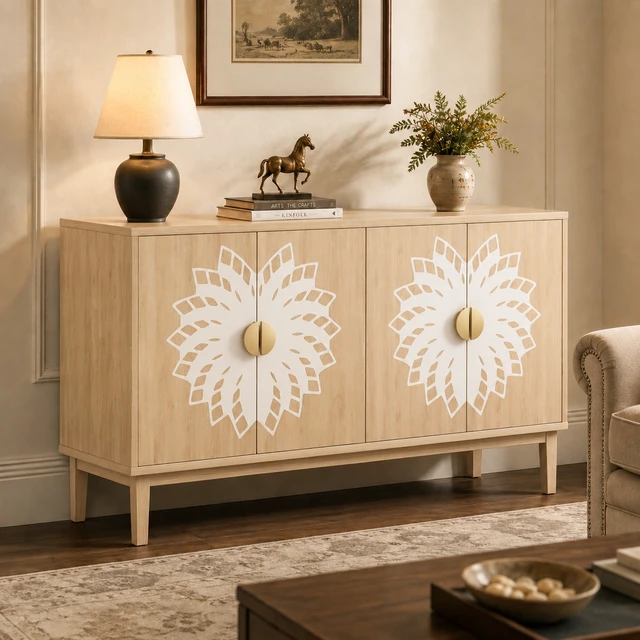 Alt view image 2 of 7 - 63"Sideboard/Dining Room Cabinet,Vintage-Style Decorative Storage Cabinet with Carved Doors,a Multifunctional Sideboard Ideal for Storage in Entryways,Living Rooms and Dining Rooms,63"L*15.7"W*32.7"H