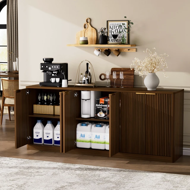 Alt view image 4 of 7 - 67-inch modern wavy sideboard, curved contour design storage cabinet, 6-door cabinet with storage function, suitable for kitchen / bedroom / living room, Walnut, 67.0"L x 15.7"W x 27.7"H