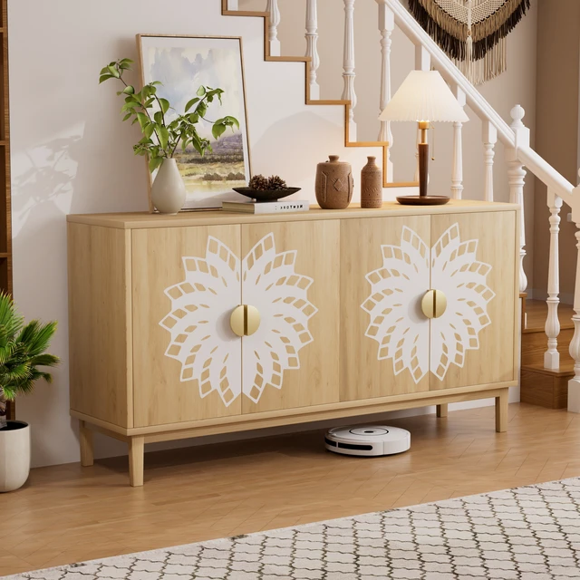 Alt view image 4 of 7 - 63"Sideboard/Dining Room Cabinet,Vintage-Style Decorative Storage Cabinet with Carved Doors,a Multifunctional Sideboard Ideal for Storage in Entryways,Living Rooms and Dining Rooms,63"L*15.7"W*32.7"H
