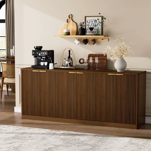 Alt view image 3 of 7 - 67-inch modern wavy sideboard, curved contour design storage cabinet, 6-door cabinet with storage function, suitable for kitchen / bedroom / living room, Walnut, 67.0"L x 15.7"W x 27.7"H