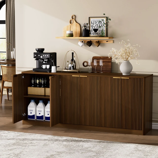 Alt view image 5 of 7 - 67-inch modern wavy sideboard, curved contour design storage cabinet, 6-door cabinet with storage function, suitable for kitchen / bedroom / living room, Walnut, 67.0"L x 15.7"W x 27.7"H