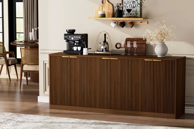 Alt view image 7 of 7 - 67-inch modern wavy sideboard, curved contour design storage cabinet, 6-door cabinet with storage function, suitable for kitchen / bedroom / living room, Walnut, 67.0"L x 15.7"W x 27.7"H