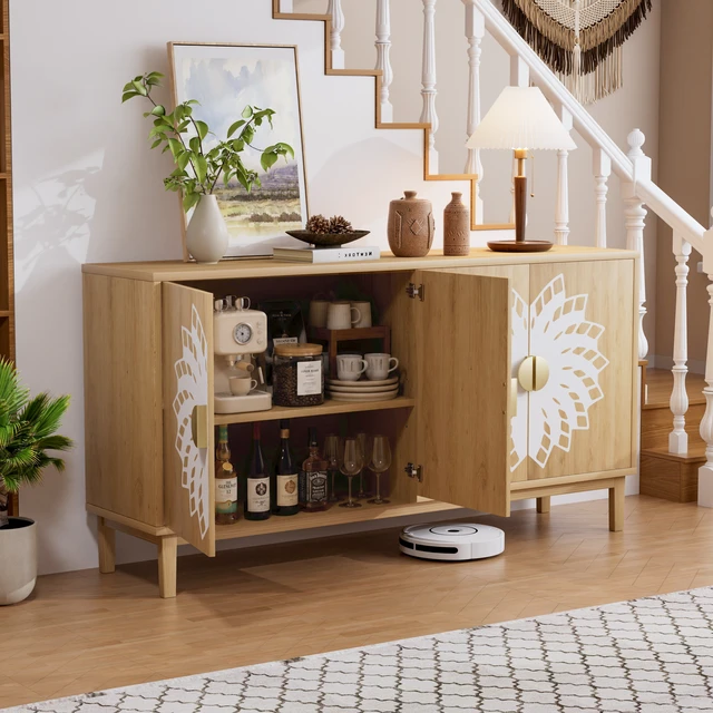 Alt view image 5 of 7 - 63"Sideboard/Dining Room Cabinet,Vintage-Style Decorative Storage Cabinet with Carved Doors,a Multifunctional Sideboard Ideal for Storage in Entryways,Living Rooms and Dining Rooms,63"L*15.7"W*32.7"H